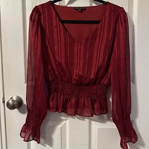 Women’s Red Striped Blouse with Subtle Glitter Accent and Stretch Waist Size Med